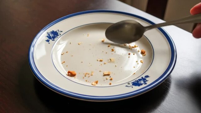 Empty plate with spoon on a wooden table close up