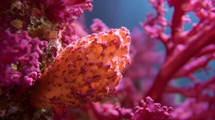 Close up view of a porous orange sponge surrounded by vibrant pink coral branches in a deep marine environment