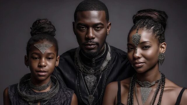A regal African family adorned in traditional attire and ornate jewelry, posing with pride