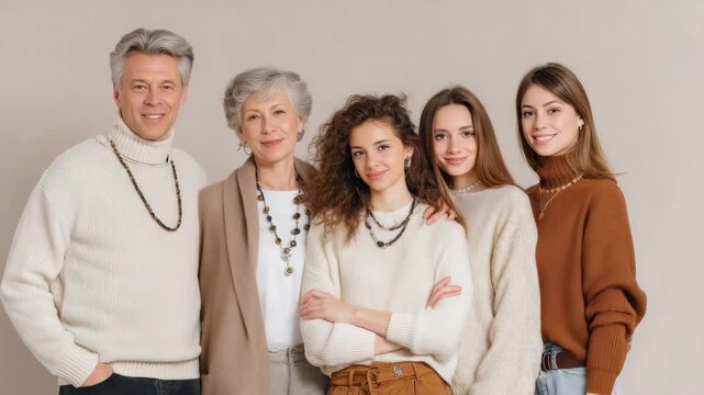 Multi-generational family posing together, smiling and looking at the camera