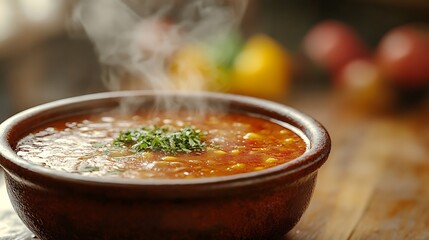 Steaming hot soup in bowl.