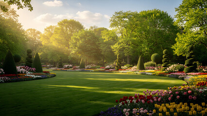 Manicured lawn and flowerbed park landscape