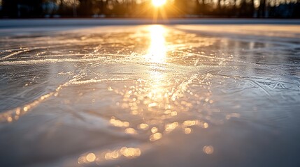 Sunrise on icy surface.