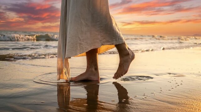 Jesus feet walking gently on water at sunset, representing faith, miracles, divine power, and spiritual transcendence.