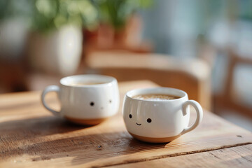 Chat Over Coffee in Cute Smiley Face Cups on Cozy Wooden