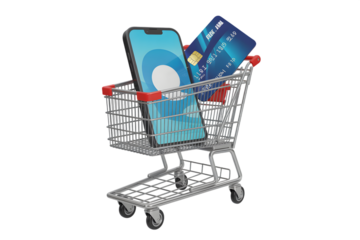 Shopping Cart with Smartphone and Credit Cards for Online Purchases