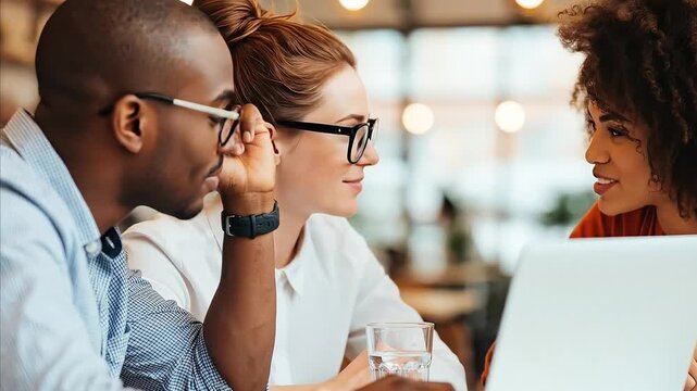 Diverse team of professionals collaborating on laptop in modern office setting with focused