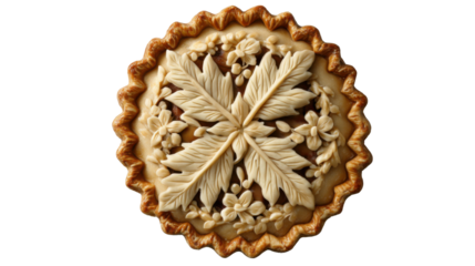 Thanksgiving pie isolated on white background featuring decorative leaf crust design, traditional homemade dessert concept for autumn holiday celebration and festive food advertising
