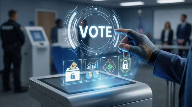 Futuristic electronic voting interface with voter hand selecting vote button on digital touchscreen,secure online election system and democracy technology