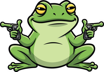 Obraz premium Cartoon green frog holding two pistols on white background amphibian