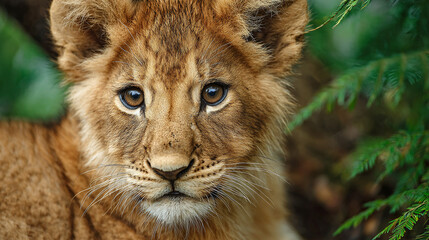 Obraz premium A very young lion cub with brown fur is intently gazing forward with intelligent eyes. Its face is framed by greenery. Wildlife photography.