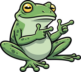 Obraz premium Cartoon green frog pointing with both index fingers on white background amphibian