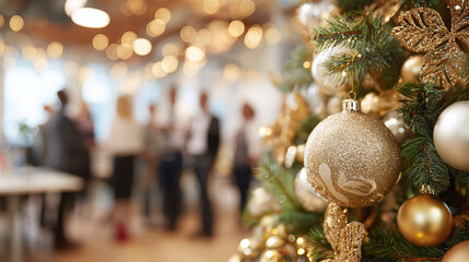 Festive office party with people gathering and a Christmas tree adorned with shimmering gold ornaments in the foreground.