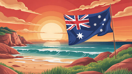 Vibrant australian flag waves proudly against a breathtaking sunset over a rugged coastline with crashing ocean waves and sandy beach evoking national pride and serene beauty