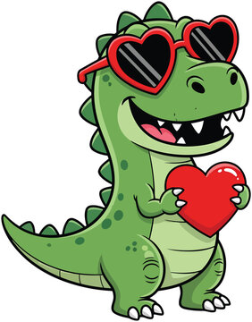 Green cartoon dinosaur wearing heart sunglasses holding a red heart t-rex