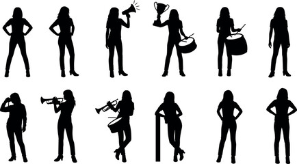 Obraz premium Silhouette of Young Woman in Various Poses Holding Trophy Megaphone Trumpet and Playing Drums for Success Leadership and Music Concept