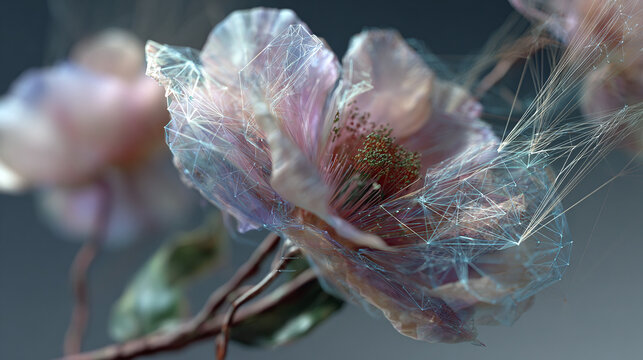 A softly lit floral arrangement showcases a blend of organic forms and geometric structures, emphasizing a fusion of natural and technological elements. - Powered by Adobe