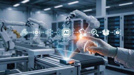 Artificial intelligence automation in modern smart factory,robotic arm assembly line with data visualization and AI chip integration for efficient manufacturing