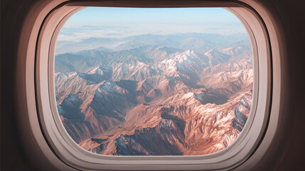 Airplane window view featuring snow-capped mountain ranges under a clear, light blue sky on a sunny day, evoking a sense of adventure and travel.