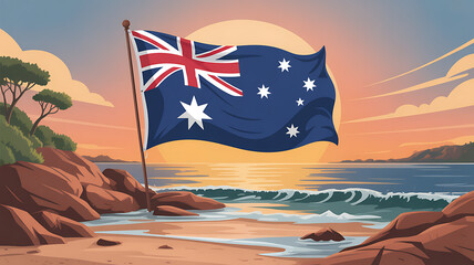 Vibrant australian flag waving proudly on a rugged rocky coastline at sunset with golden sunbeams reflecting on the gentle ocean waves and a serene colorful sky evoking national