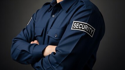 Obraz premium Security Guard Standing with Crossed Arms in Dark Blue Uniform