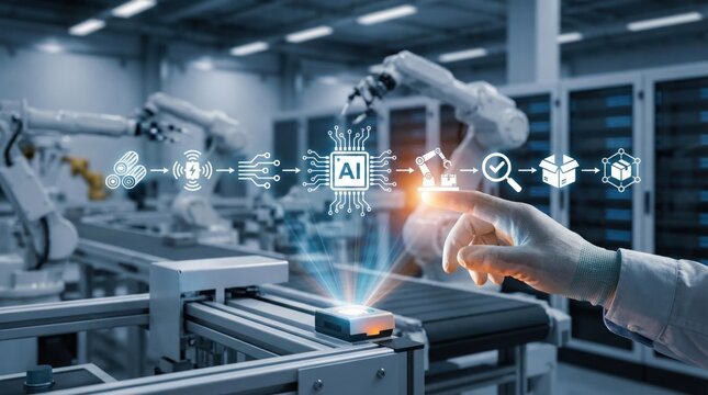 Artificial intelligence automation in modern smart factory,robotic arm assembly line with data visualization and AI chip integration for efficient manufacturing - Powered by Adobe