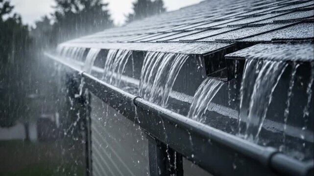 Heavy Rain Pouring Off Roof Gutter Overflowing Water Damage
