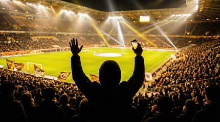 Excited soccer fan celebrating in a crowded stadium with illuminated field.