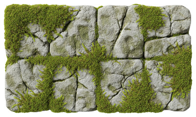 Grey stone wall texture with green moss growing in cracks of rocks on a transparent background