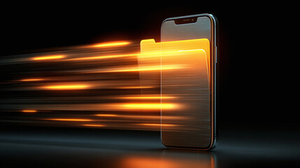Phone showing data transfer via illuminated, speed-like beams. Modern design emphasizing digital connectivity and rapid file sharing.