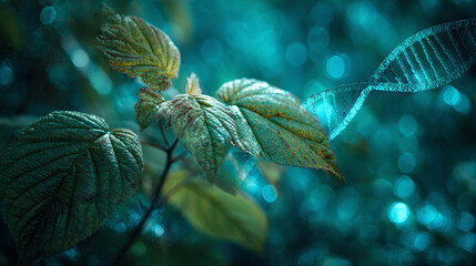 A close-up captures the intricate beauty of leaves intertwined with a DNA double helix, bathed in a serene teal light, evoking life and science.