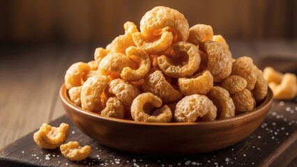 Crispy Pork Rinds in Wooden Bowl with Salt on Dark Slate Board perfect for Pork Rind Appreciation Day