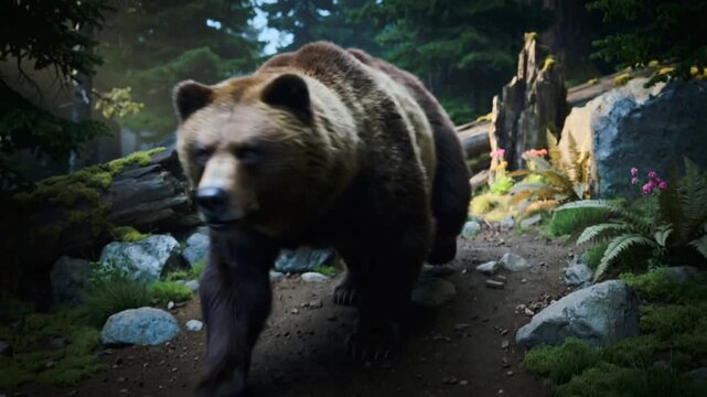 Terrified hiker running away from large grizzly bear in dense coniferous forest. Wild animal encounter during mountain trek. Tracking shot with handheld movement.