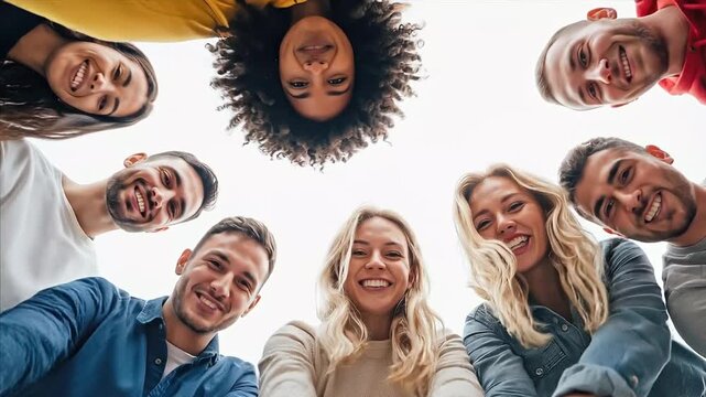 Group of diverse people standing in a circle with hands together celebrating teamwork and unity
