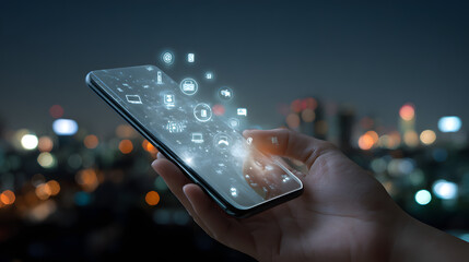 Close-Up Hand Holding a Futuristic Transparent Smartphone with Holographic Icons in a City at Night