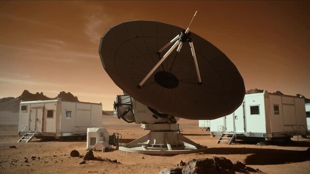 Satellite dish antenna rotating at research outpost on red planet Mars. Deep space communication station in desert landscape. Lockdown shot.