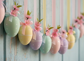 Pastel Easter eggs decorated with ribbons and pink flowers, hanging in a row against a soft blue wooden background, creating a delicate and festive spring or Easter decoration.