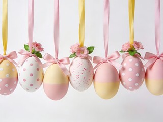 Easter egg ornaments with delicate pastel colors, ribbons, and floral decorations hanging against a neutral background, perfect for spring holiday celebrations and seasonal d&eacute;cor.