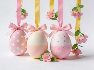 Easter egg ornaments with delicate pastel colors, ribbons, and floral decorations hanging against a neutral background, perfect for spring holiday celebrations and seasonal d&eacute;cor.