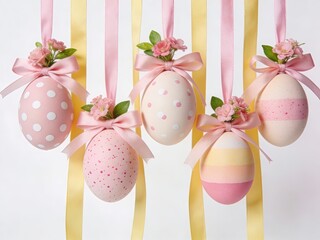 Easter egg ornaments with delicate pastel colors, ribbons, and floral decorations hanging against a neutral background, perfect for spring holiday celebrations and seasonal d&eacute;cor.