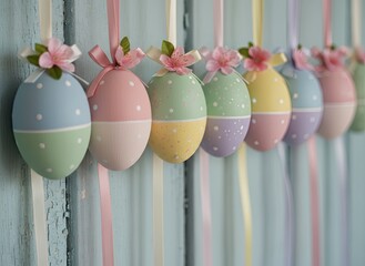 Pastel Easter eggs decorated with ribbons and pink flowers, hanging in a row against a soft blue wooden background, creating a delicate and festive spring or Easter decoration.