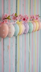 Pastel Easter eggs decorated with ribbons and pink flowers, hanging in a row against a soft blue wooden background, creating a delicate and festive spring or Easter decoration.