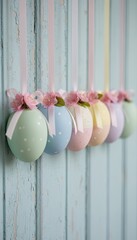 Pastel Easter eggs decorated with ribbons and pink flowers, hanging in a row against a soft blue wooden background, creating a delicate and festive spring or Easter decoration.