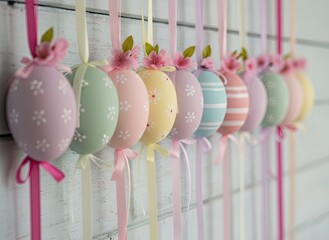 Pastel Easter eggs decorated with ribbons and pink flowers, hanging in a row against a soft blue wooden background, creating a delicate and festive spring or Easter decoration.