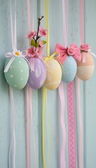 Decorated Easter eggs hanging with ribbons and flowers against a light blue wooden background