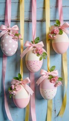 Decorated Easter eggs hanging with ribbons and flowers against a light blue wooden background