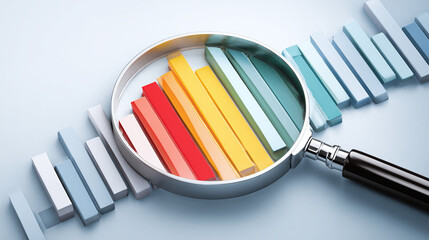 A magnifying glass inspects a colorful bar graph with varying heights against a pale background, indicating analysis of data and trends.