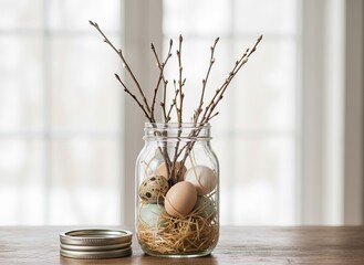 A jar with quail and chicken eggs, placed on soft straw, decorated with twig branches, creating a rustic, natural spring or Easter-themed home d&eacute;cor, set against a bright window background.