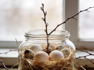A decorative nest with quail eggs, a simple jar with a twig, and soft straw, placed by the window, creating a rustic and natural spring or Easter-themed home d&eacute;cor.