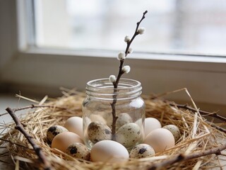A decorative nest with quail eggs, a simple jar with a twig, and soft straw, placed by the window, creating a rustic and natural spring or Easter-themed home d&eacute;cor.